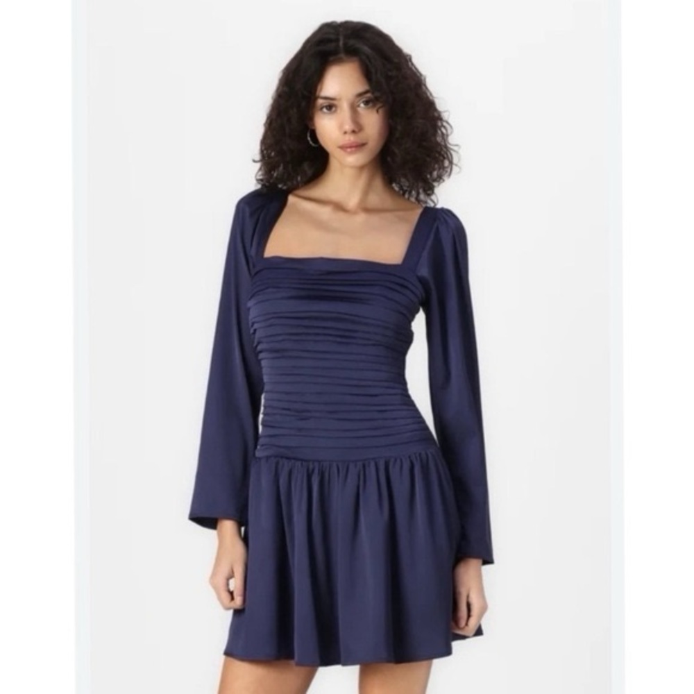 Abercrombie Emerson Drop Waist Satin Long Sleeve Mini Dress Navy *NWOT*